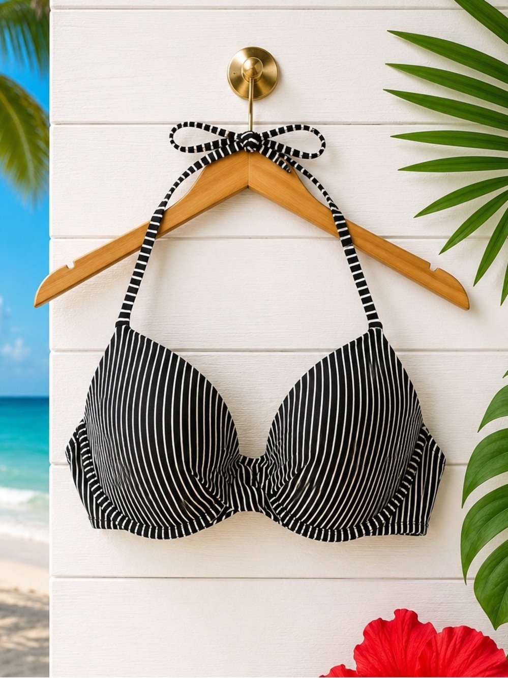 🌴 Shade & Shore Black White Striped Underwire Bikini Top 36C NWOT